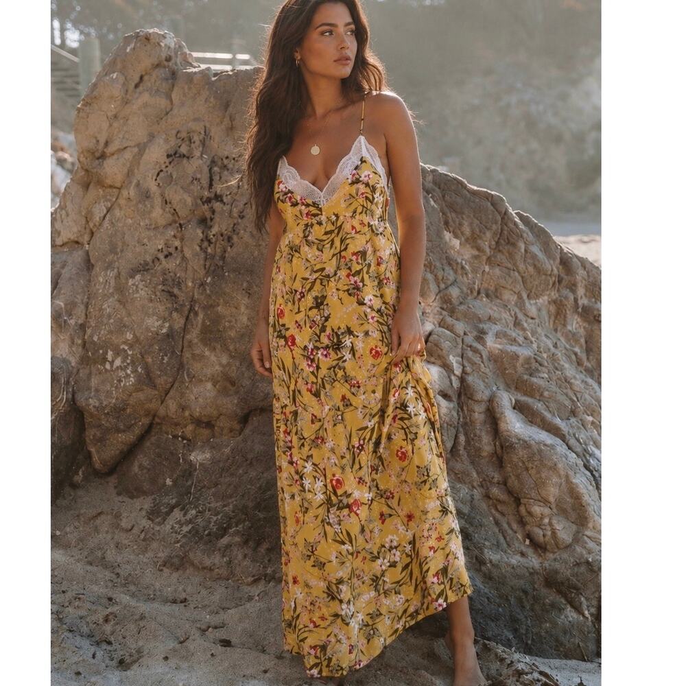 Lovestitch Tiered Saffron Maxi Slip Dress Lace Size Small Fairy Bohemian Floral